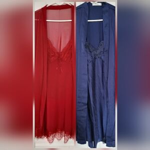 Elegant Lace Trim Robe W/matching Chemise Set Of 2 One Red One Navy